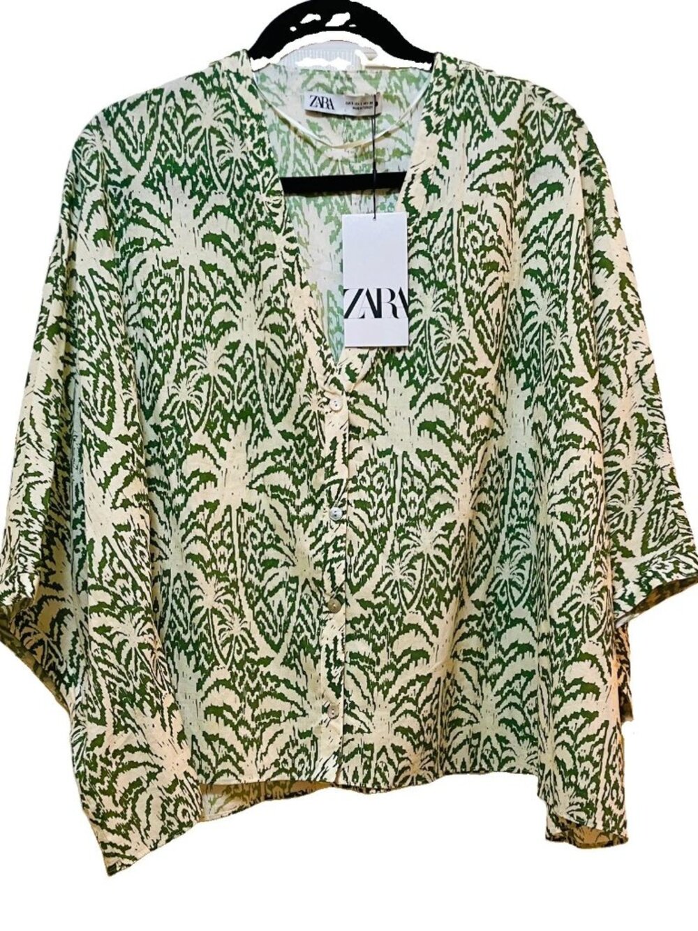 ZARA Olive Green and Cream Tropical Palm Print Oversized Blouse Sz S NWT